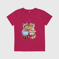 Футболка хлопковая детская Пицца и енотики, цвет: маджента