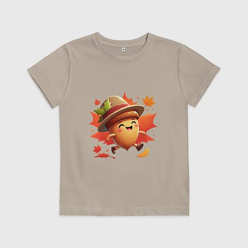 Детская футболка Веселый желудь на прогулке в листопад / Миндальный – фото 1
