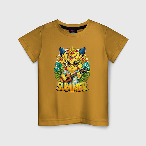 Детская футболка Пикачу с гитарой жаркое лето / Горчичный – фото 1