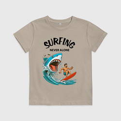 Футболка хлопковая детская Shark and surfer - never alone, цвет: миндальный