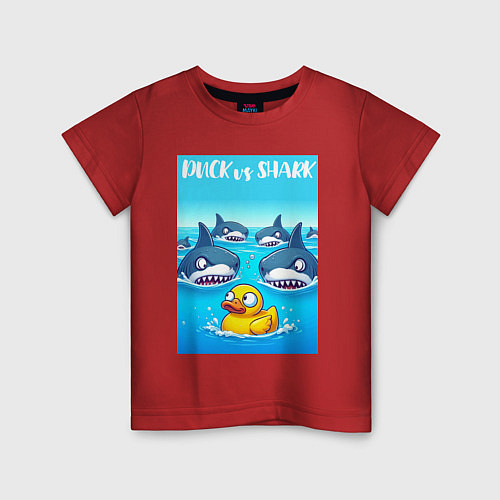 Детская футболка Duck vs shark - ai art fantasy / Красный – фото 1