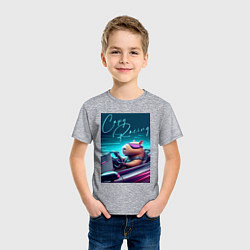 Футболка хлопковая детская Капибара гонщик - нейросеть, цвет: меланж — фото 2
