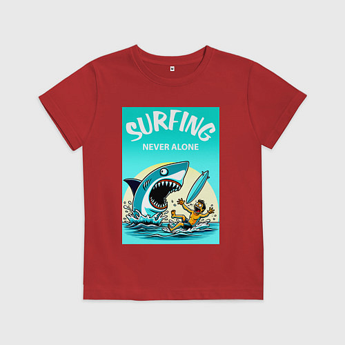 Детская футболка Surfing never alone - shark and surfer / Красный – фото 1