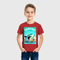 Футболка хлопковая детская Surfing never alone - shark and surfer, цвет: красный — фото 2