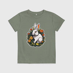 Футболка хлопковая детская Заяц и цветы, цвет: авокадо