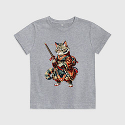 Футболка хлопковая детская Кот ниндзя - японский воин, цвет: меланж