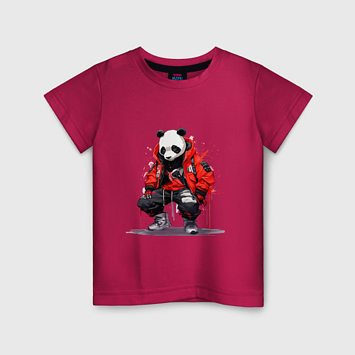 Детская футболка Модная панда в красной куртке / Маджента – фото 1