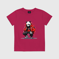 Футболка хлопковая детская Модная панда в красной куртке, цвет: маджента
