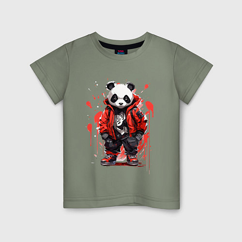 Детская футболка Модная панда в красной куртке / Авокадо – фото 1