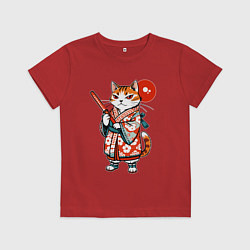 Футболка хлопковая детская Кошечка в кимоно в японском стиле, цвет: красный