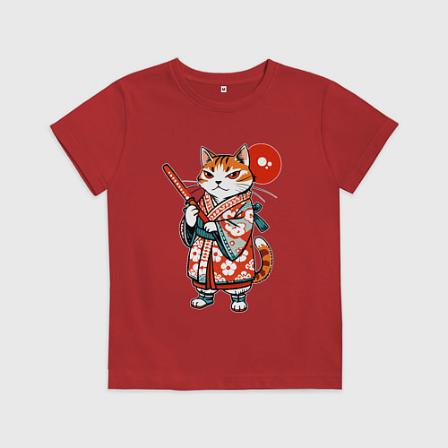 Детская футболка Кошечка в кимоно в японском стиле / Красный – фото 1