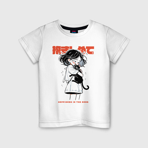 Детская футболка Девочка обнимает кота аниме - счастье / Белый – фото 1