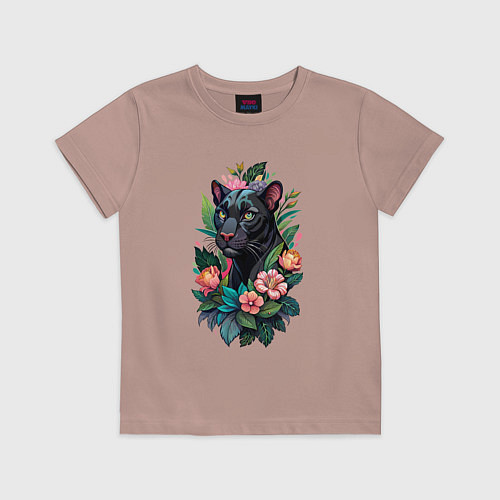 Детская футболка Черная пантера среди цветов / Пыльно-розовый – фото 1