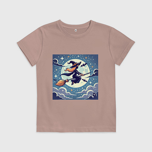 Детская футболка Ведьма на метле в ночи / Пыльно-розовый – фото 1