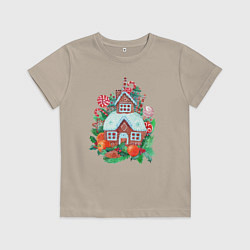 Футболка хлопковая детская Пряничный домик со сладостями и фруктами, цвет: миндальный
