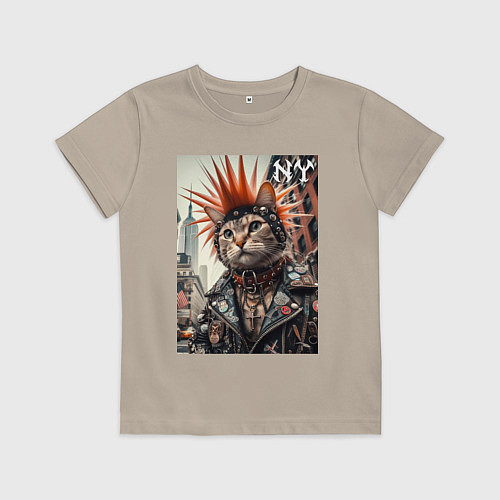 Детская футболка Котяра панк из Нью-Йорка - нейросеть / Миндальный – фото 1