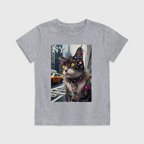Детская футболка Пирсинг Нью-Йоркского кота - нейросеть / Меланж – фото 1
