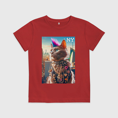 Детская футболка Funny cat punk from New York - ai art / Красный – фото 1
