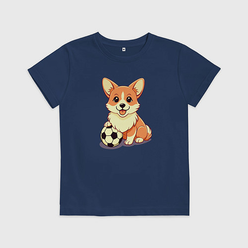 Детская футболка Корги с мячом / Тёмно-синий – фото 1