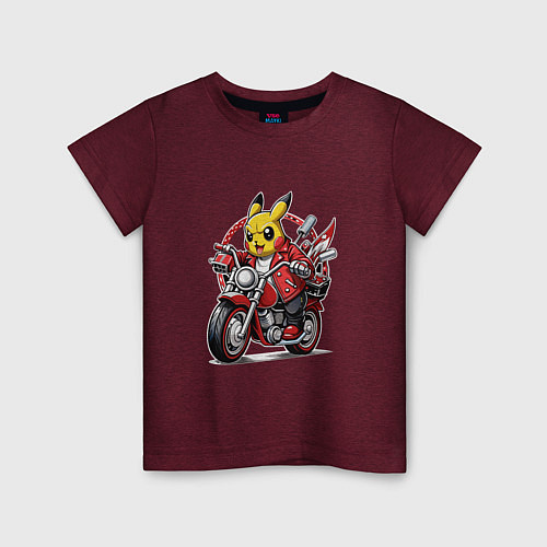 Детская футболка Пикачу мчится на мотоцикле / Меланж-бордовый – фото 1