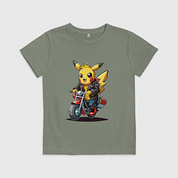 Футболка хлопковая детская Пикачу на ретро мотоцикле, цвет: авокадо