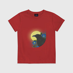 Футболка хлопковая детская Чёрный ворон на ветке под луной, цвет: красный