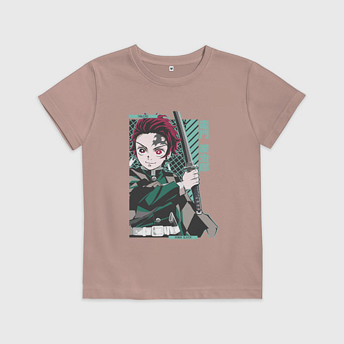 Детская футболка Клинок рассекающий демонов Тандзиро зеленый / Пыльно-розовый – фото 1