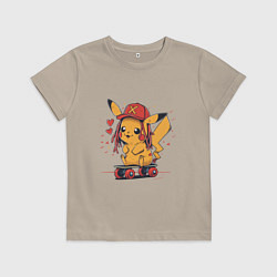 Футболка хлопковая детская Пикачу в кепке на скейте, цвет: миндальный