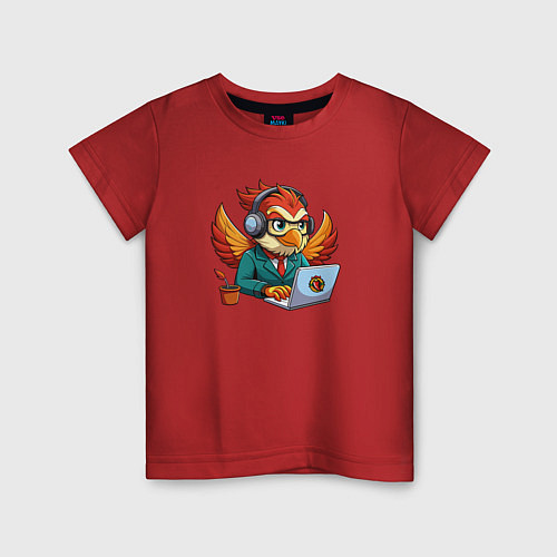 Детская футболка Орел в костюме сидит за ноутбуком / Красный – фото 1