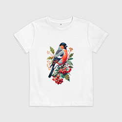 Футболка хлопковая детская Снегирь не ветке красной рябины, цвет: белый