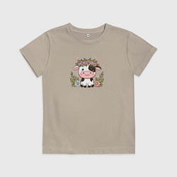 Футболка хлопковая детская Мультяшная корова с цветами, цвет: миндальный