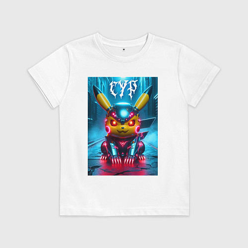 Детская футболка Прикольный кибер Пикачу в шлеме - нейроарт / Белый – фото 1