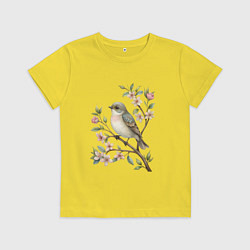 Футболка хлопковая детская Маленькая птичка на ветке с цветами, цвет: желтый