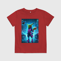 Футболка хлопковая детская Кибер Пикачу под дождём - неоновое свечение костюм, цвет: красный