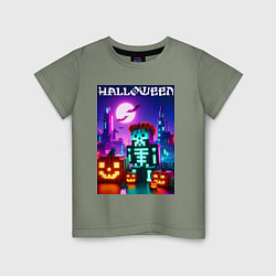 Футболка хлопковая детская Pumpkin and skeleton - neon glow, цвет: авокадо