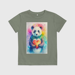 Футболка хлопковая детская Нежная панда с сердцем в лапках, цвет: авокадо