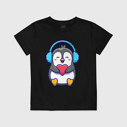 Футболка хлопковая детская Милый пингвин с сердечком, цвет: черный