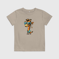 Футболка хлопковая детская Жираф в отпуске карикатура, цвет: миндальный