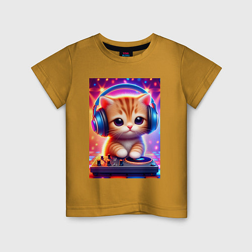 Детская футболка Cutie kitten DJ - neon glow / Горчичный – фото 1