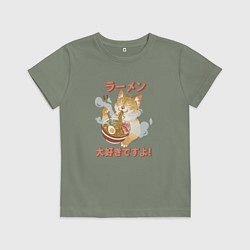Футболка хлопковая детская Милый котик ест рамен, цвет: авокадо