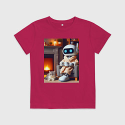 Детская футболка Робот у камина с котом и чашкой кофе - нейроарт