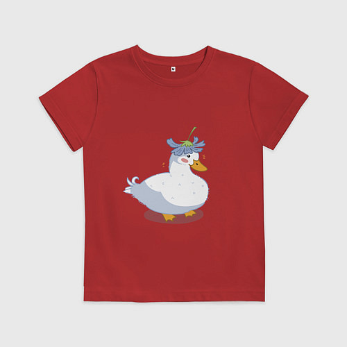 Детская футболка Милая уточка гусь с цветочком на голове / Красный – фото 1