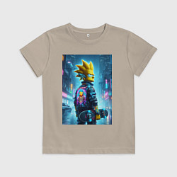 Футболка хлопковая детская Чувак Барт Симпсон со скейтбордом под дождём - ней, цвет: миндальный