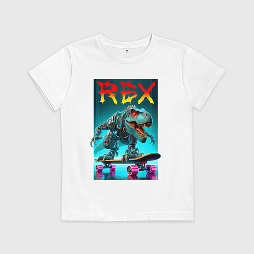 Детская футболка Tyrannosaur rex on a skateboard - ai art fantasy / Белый – фото 1