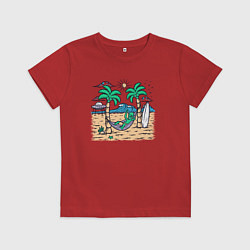 Футболка хлопковая детская Инопланетянин на пляже, цвет: красный