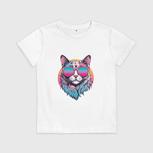 Детская футболка Ретро кот в розовых солнечных очках Vaporwave / Белый – фото 1