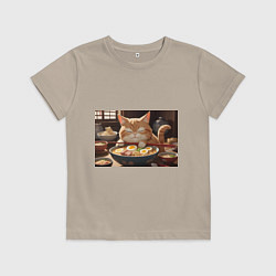 Футболка хлопковая детская Кот обожает рамен, цвет: миндальный