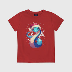 Футболка хлопковая детская Синяя змея с снежинками, цвет: красный