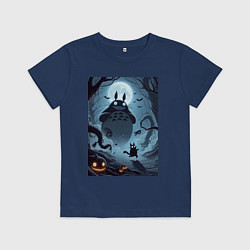 Футболка хлопковая детская Тоторо и бегущий чёрный кот - хэллоуин, цвет: тёмно-синий
