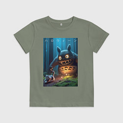 Футболка хлопковая детская Тоторо вспугнул кота в ночь на хэллоуин - фантазия, цвет: авокадо